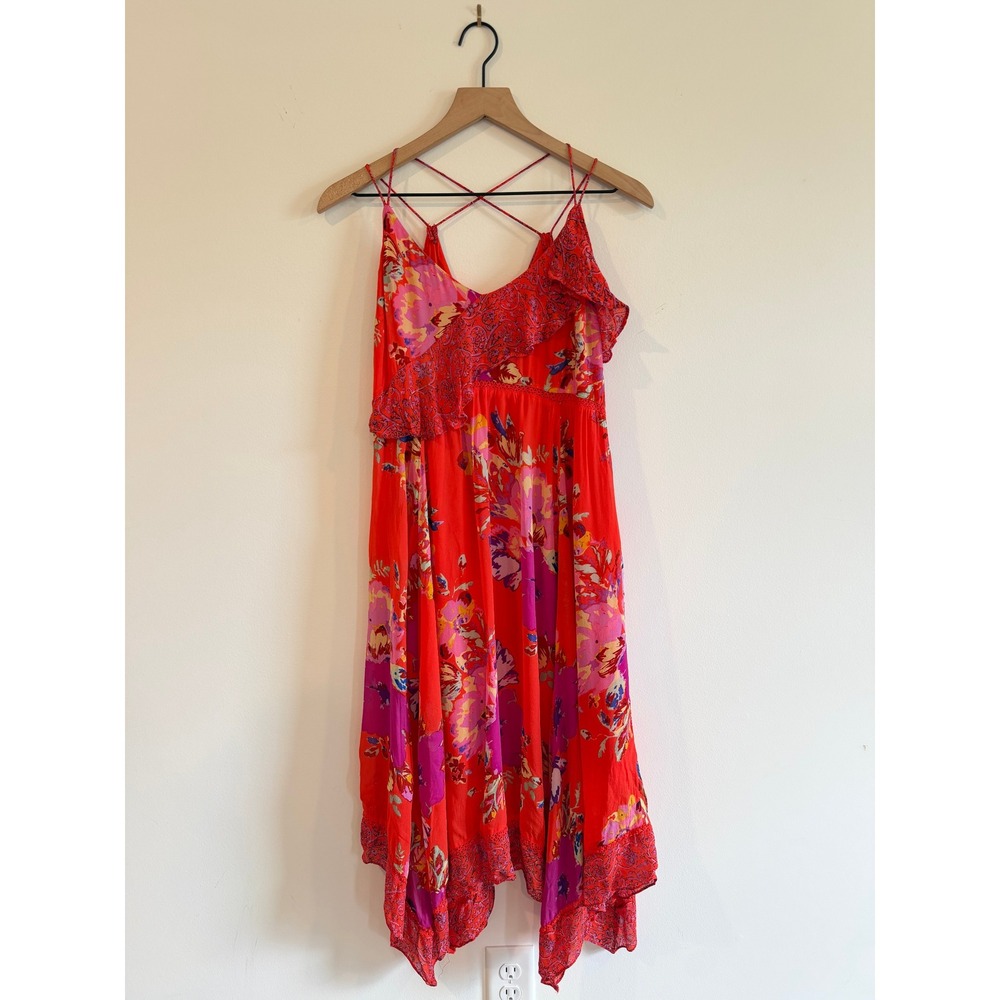 Maeve Anthropologie Floral Handkerchief Hem Ruffle Midi Dress Red Pink Size 6